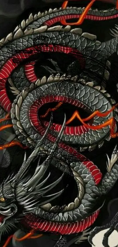 Intricate dragon with red accents on dark background.