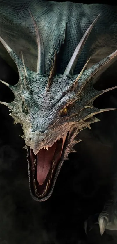 A detailed fierce dragon amidst smoky surroundings in a dark-themed mobile wallpaper.