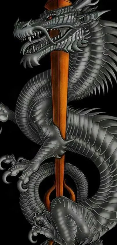 Dark dragon wrapped around a spear, powerful mobile wallpaper.