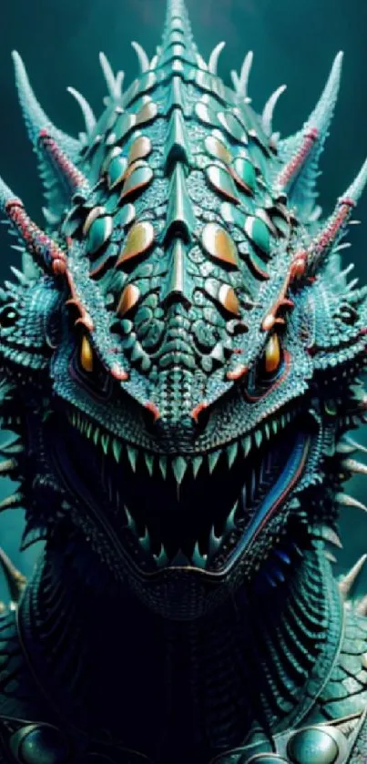 Intricate teal dragon design with detailed scales and vibrant colors for mobile wallpaper.