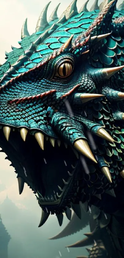 Intricate blue-green dragon with sharp spikes on wallpaper.