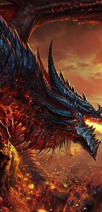 Fierce dragon with fiery backdrop on mobile wallpaper.