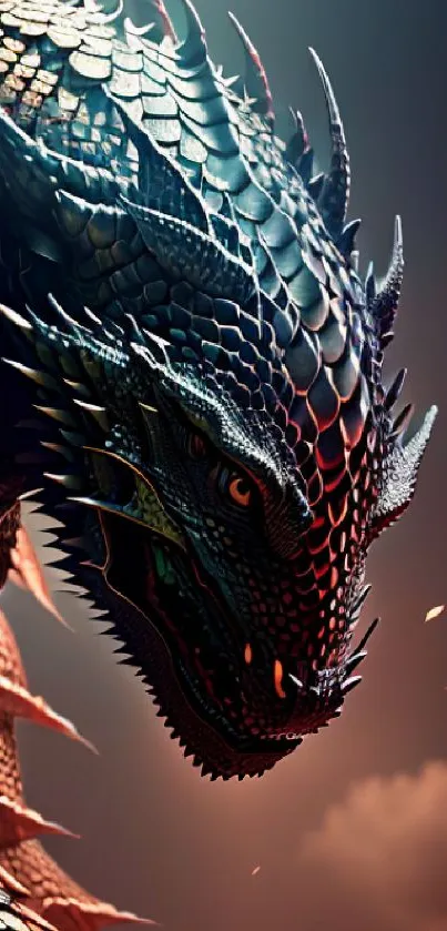 Fierce dragon with dark scales and fiery eyes in dramatic mobile wallpaper.