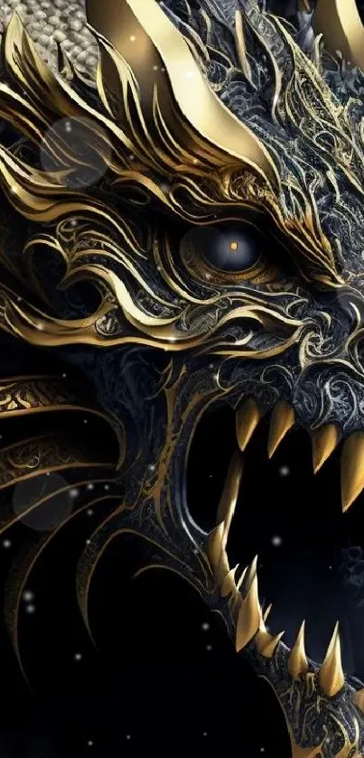 Intricately designed fierce dragon with dark tones and golden accents.