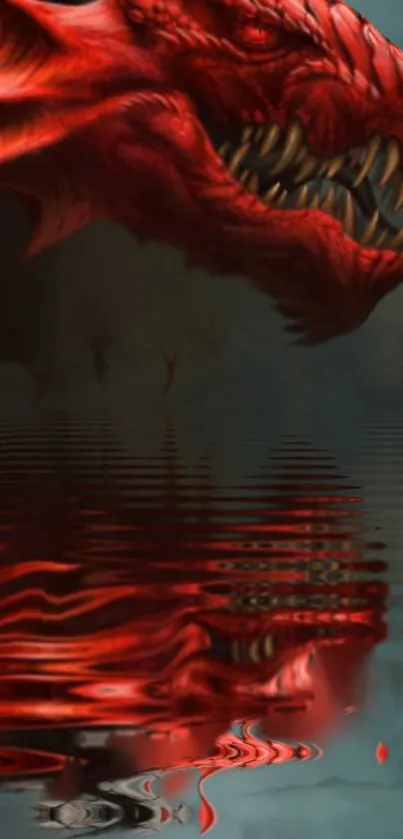 Fierce red dragon reflected in water, creating a mystical and captivating scene.