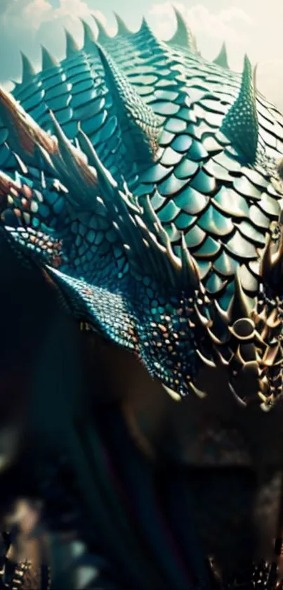 Intricate dragon scales design for mobile wallpaper, featuring teal and gold hues.