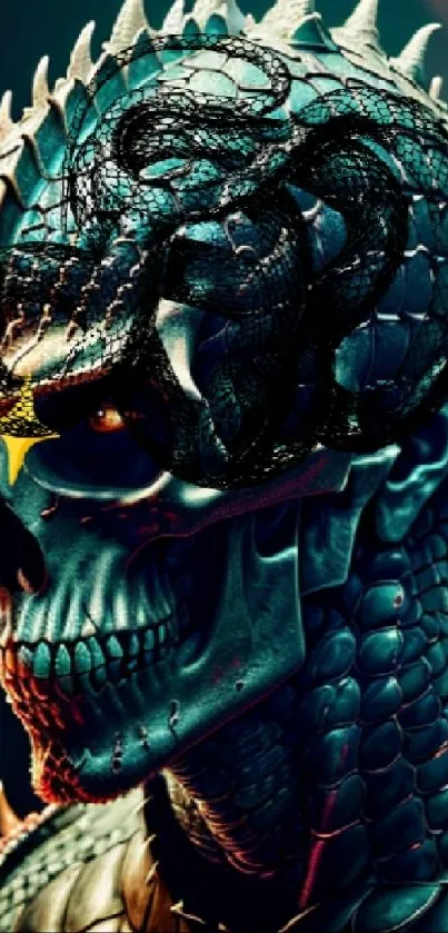 Intricate dragon skull art with vibrant teal scales and fiery eyes.