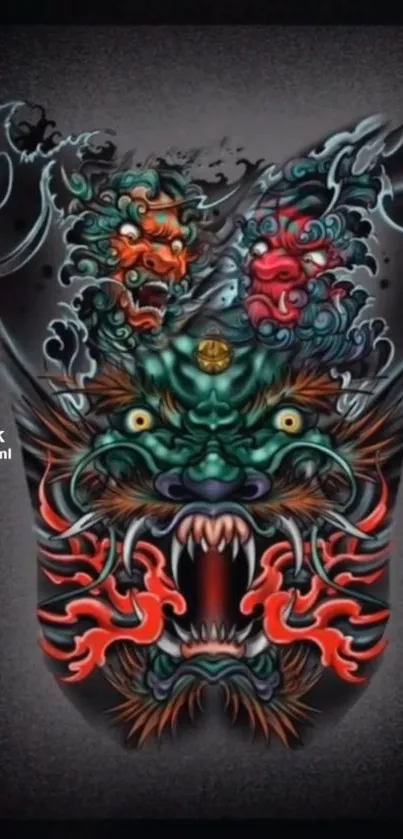 Intricate and vibrant dragon tattoo art wallpaper for mobile.