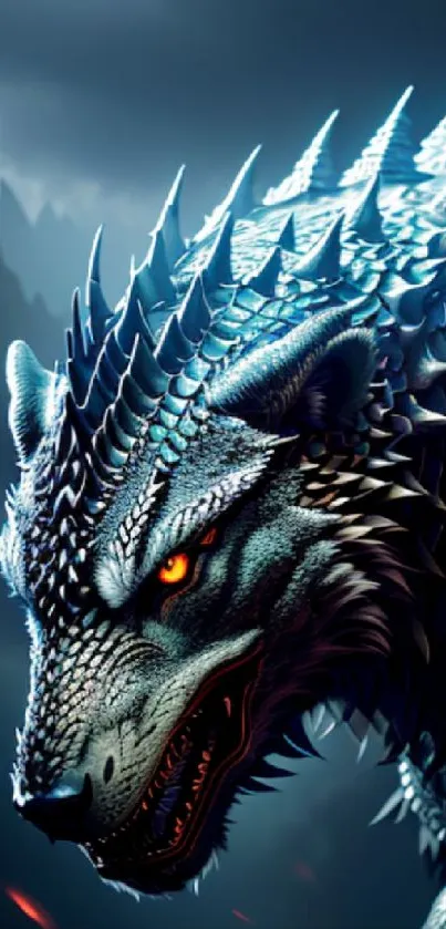 Fierce dragon-wolf with fiery eyes and spiked scales, set in a dark fantasy background.