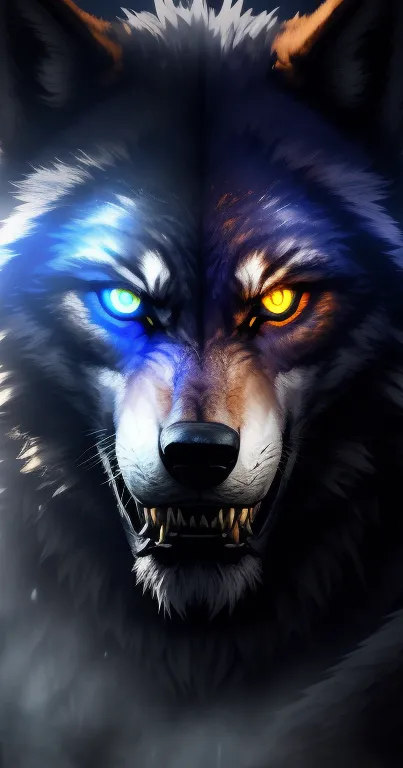 Fierce wolf with glowing eyes wallpaper design.