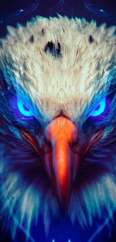 Eagle with glowing blue eyes and vibrant colors in digital art style.