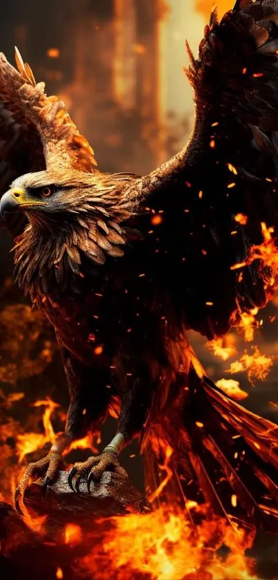 Majestic eagle surrounded by flames.