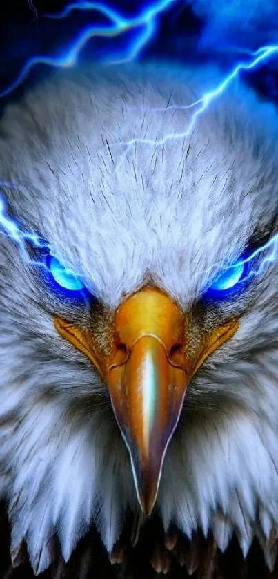 Fierce eagle with glowing blue eyes and lightning bolts on a mobile wallpaper.