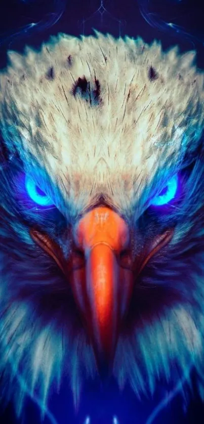 Fierce eagle wallpaper with glowing blue eyes.