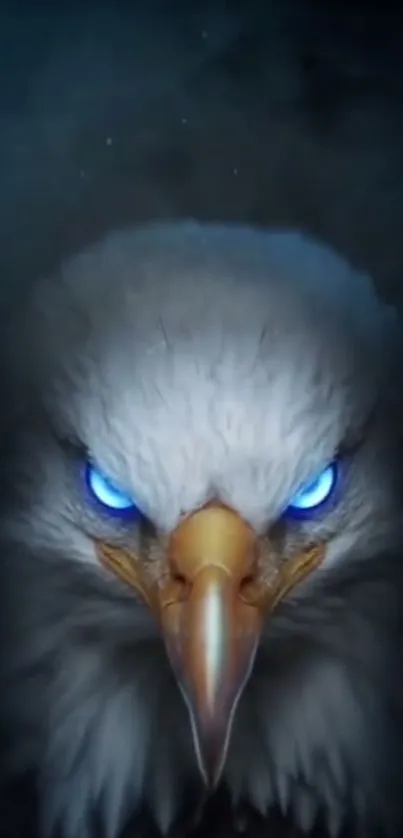 Eagle with glowing blue neon eyes in a dark background.