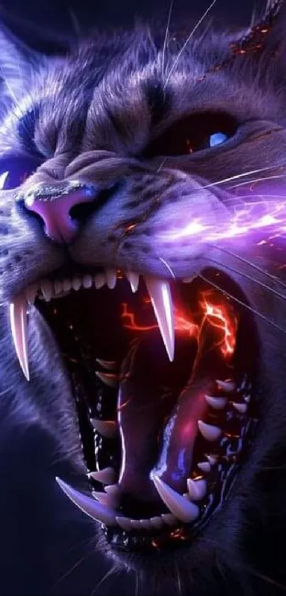 Electrifying roaring cat with purple lightning effects.