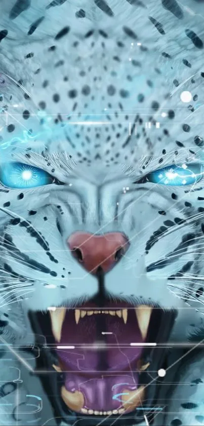 Fierce leopard with electric blue eyes on a wallpaper.