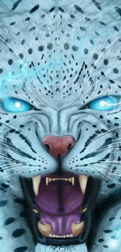 Electric blue leopard with glowing eyes and fierce expression.