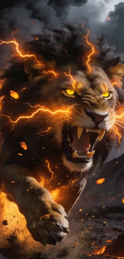Fierce lion with electric energy and fiery mane.