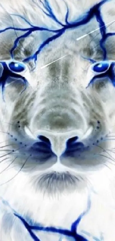 Majestic lion face with electric blue lightning on white mane.