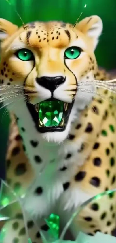 Fierce leopard with emerald eyes and gemstone accent in vibrant art wallpaper.