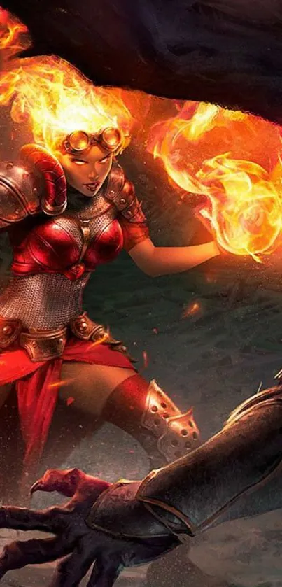 Fiery fantasy duel with armored warrior casting magical flames.