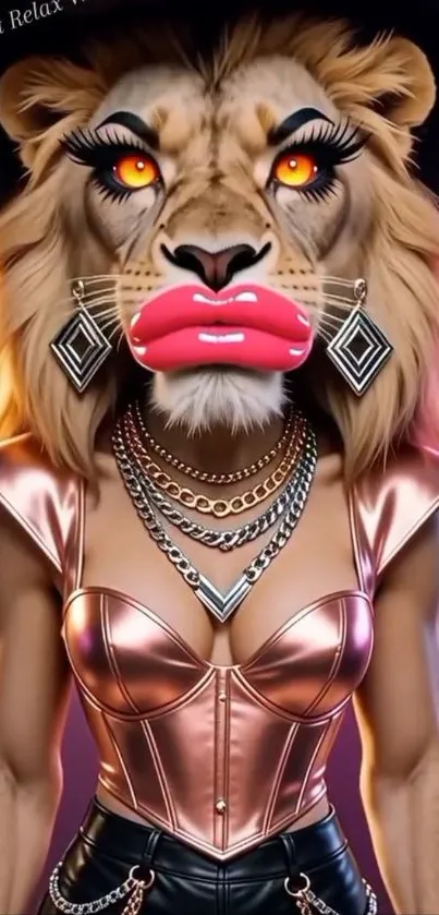 Lion hybrid in fashion-themed vibrant wallpaper.
