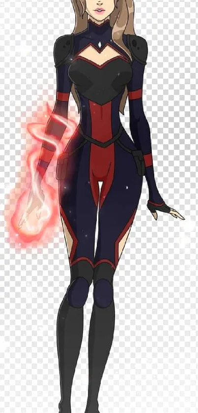 Female superhero with red energy aura on transparent background.