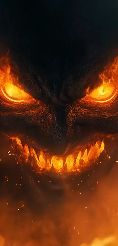 Fierce demonic face glowing in fiery flames.