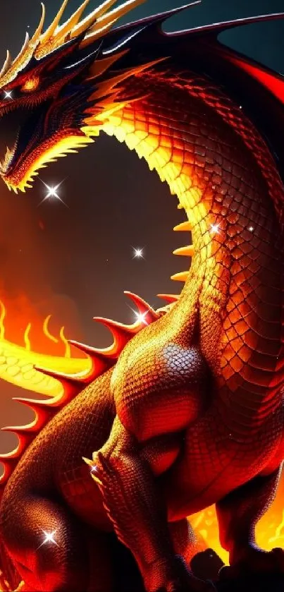 Fierce fiery dragon with vibrant red scales and flames on mobile wallpaper.