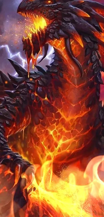 Vibrant fierce dragon with fiery lava background, ideal for fantasy wallpaper.