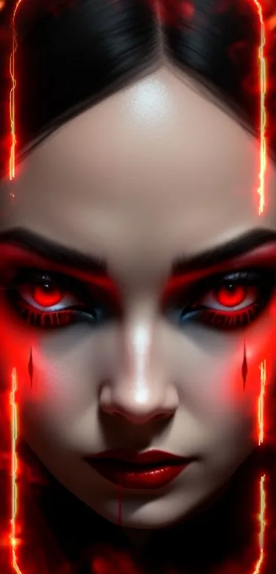 Fierce fiery-eyed portrait with red flames.