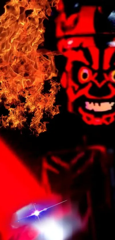 Fiery Lego character with dramatic flames background.