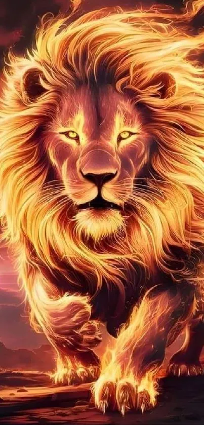 Majestic lion with fiery mane in a vivid sunset setting, perfect for mobile wallpaper.