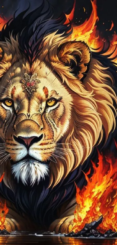 Majestic lion surrounded by vibrant flames in artistic wallpaper.