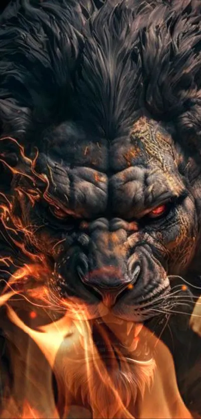 Fierce lion with fiery flames artwork.