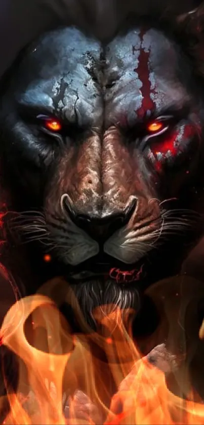 Fiery lion with glowing eyes and flames in dark artwork.