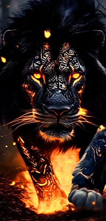 Fiery lion with glowing eyes and intricate designs on its fur.