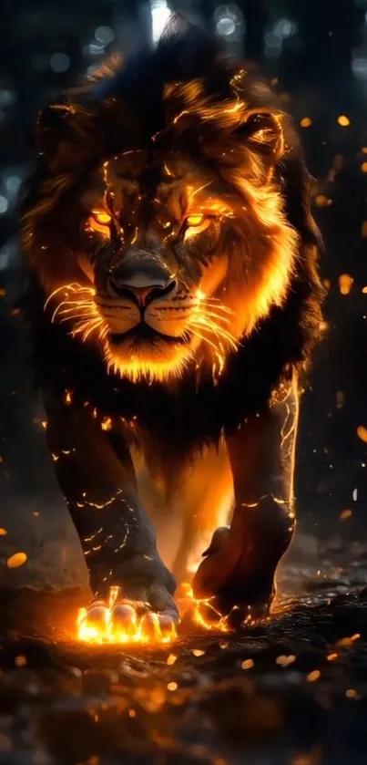 A majestic lion with glowing fiery effects in the dark forest.