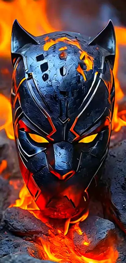 Fierce panther mask surrounded by flames.