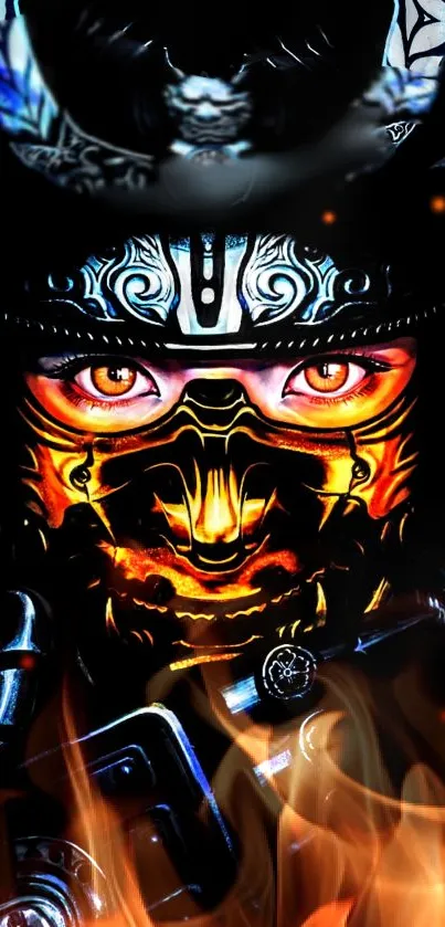 Fiery samurai warrior with burning mask design in dark background.