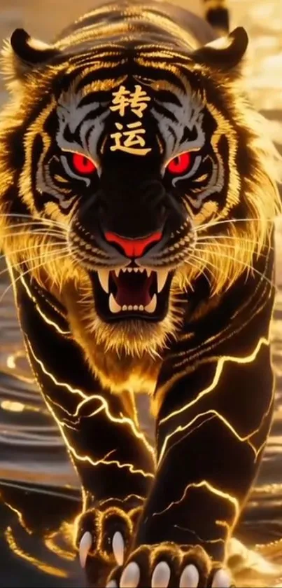 Fierce fiery tiger with golden glow.