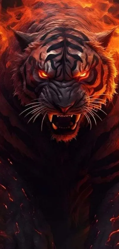 Fierce tiger with fiery eyes and flames on mobile wallpaper.