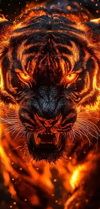 Fierce fiery tiger wallpaper with glowing flames.