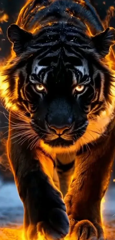 Fiery tiger walking with intense gaze.