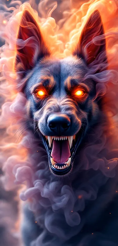 Fiery wolf with glowing eyes surrounded by smoke