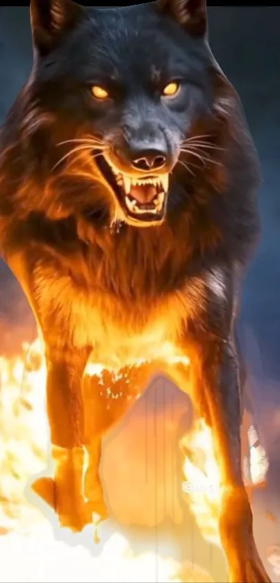 Fiery wolf standing amidst vibrant flames.