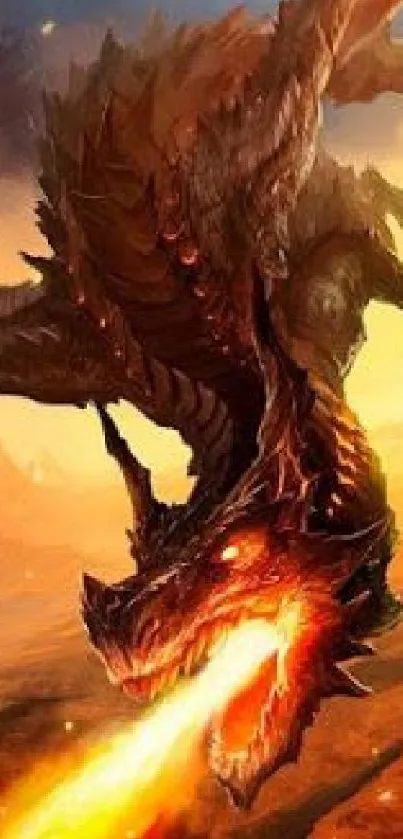 Fiery dragon breathing fire in epic wallpaper scene.