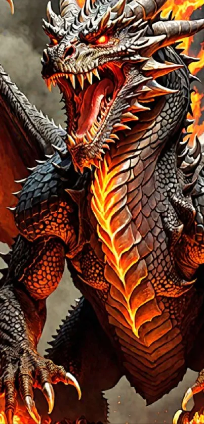 Fierce dragon with flames and scales on a mobile wallpaper.