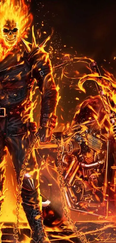 Fierce motorcyclist engulfed in intense flames, with chains and leather outfit.